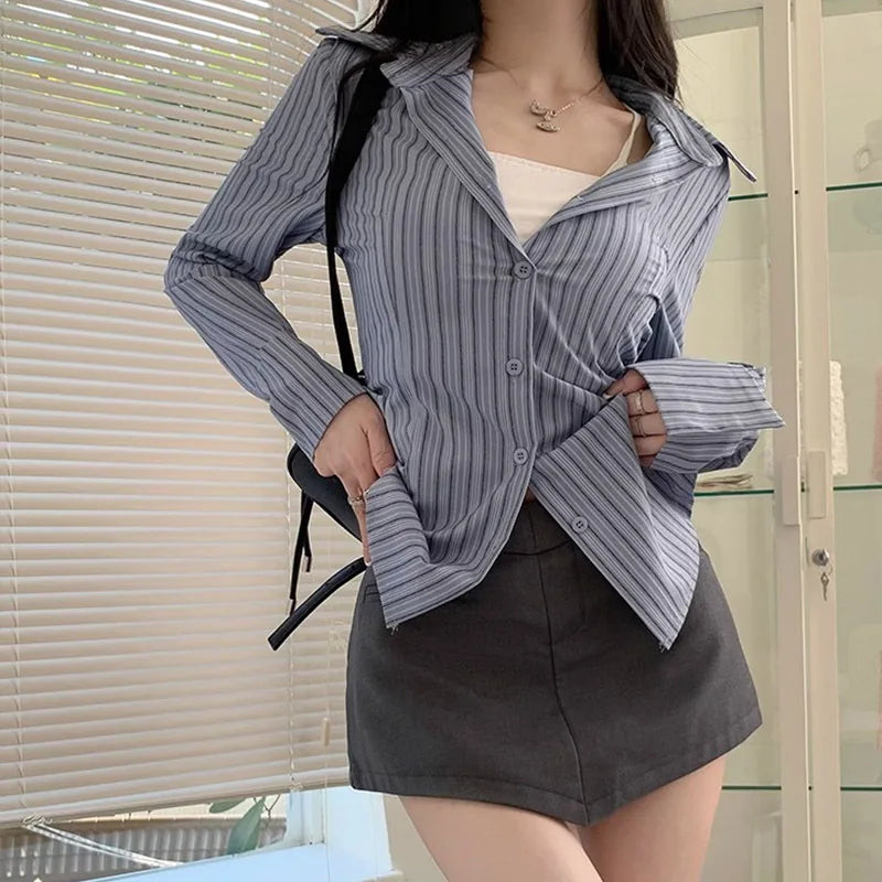 Korean Inspired Blue Striped Long Sleeve Shirt
