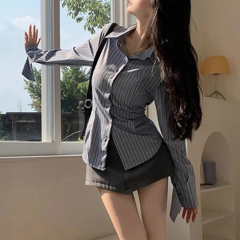 Korean Inspired Blue Striped Long Sleeve Shirt