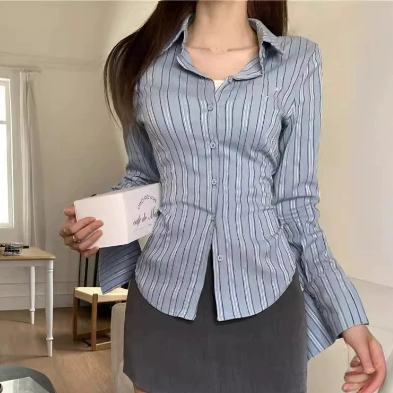 Korean Inspired Blue Striped Long Sleeve Shirt
